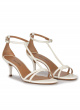 Ankle strap mid heel sandals in off-white leather