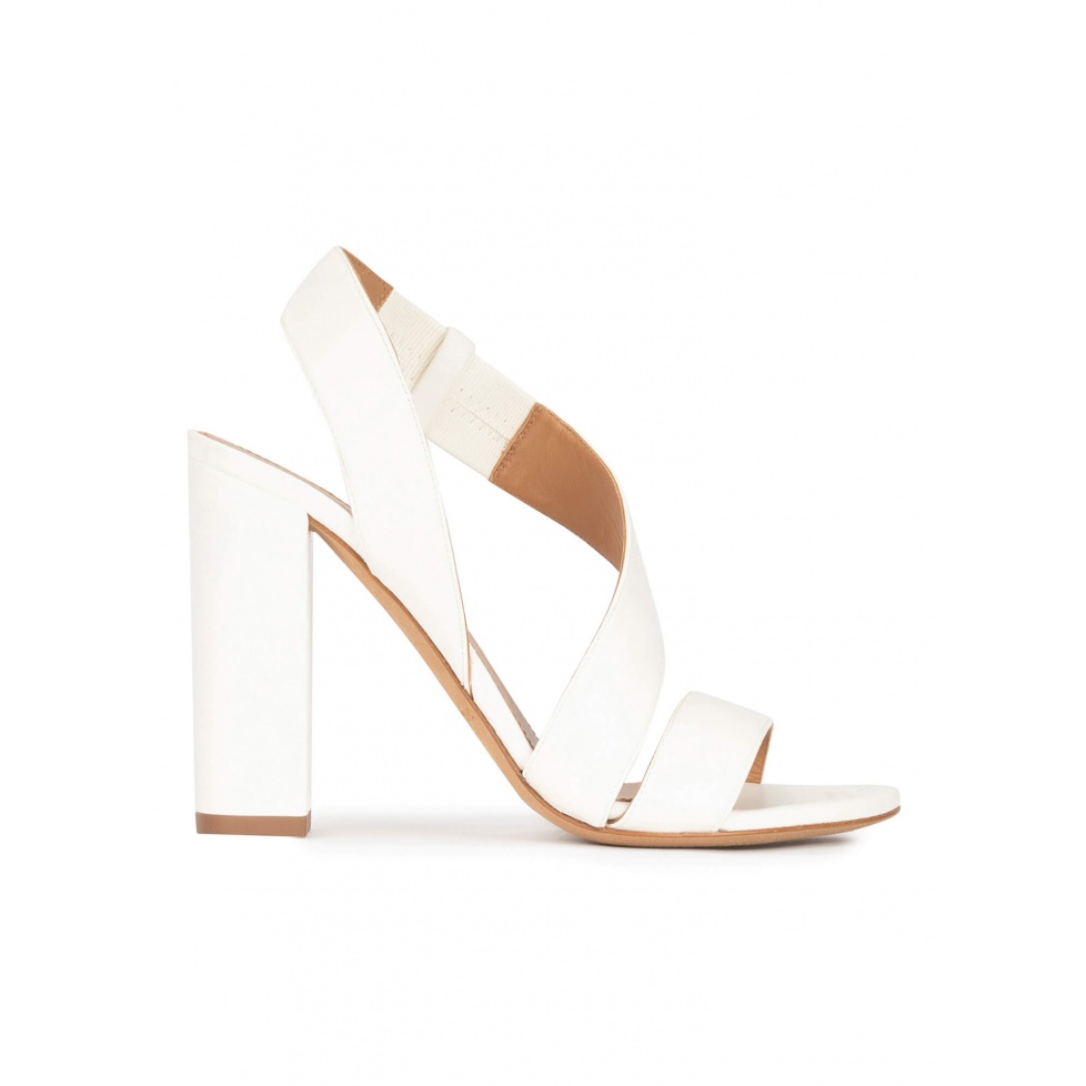 High block heel sandals in off-white leather