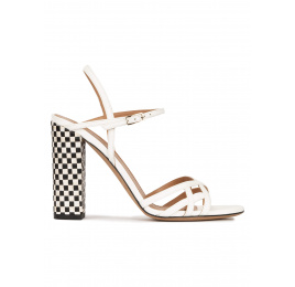 Strappy high block heel sandals in off-white leather Pura López