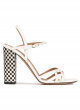 Strappy high block heel sandals in off-white leather