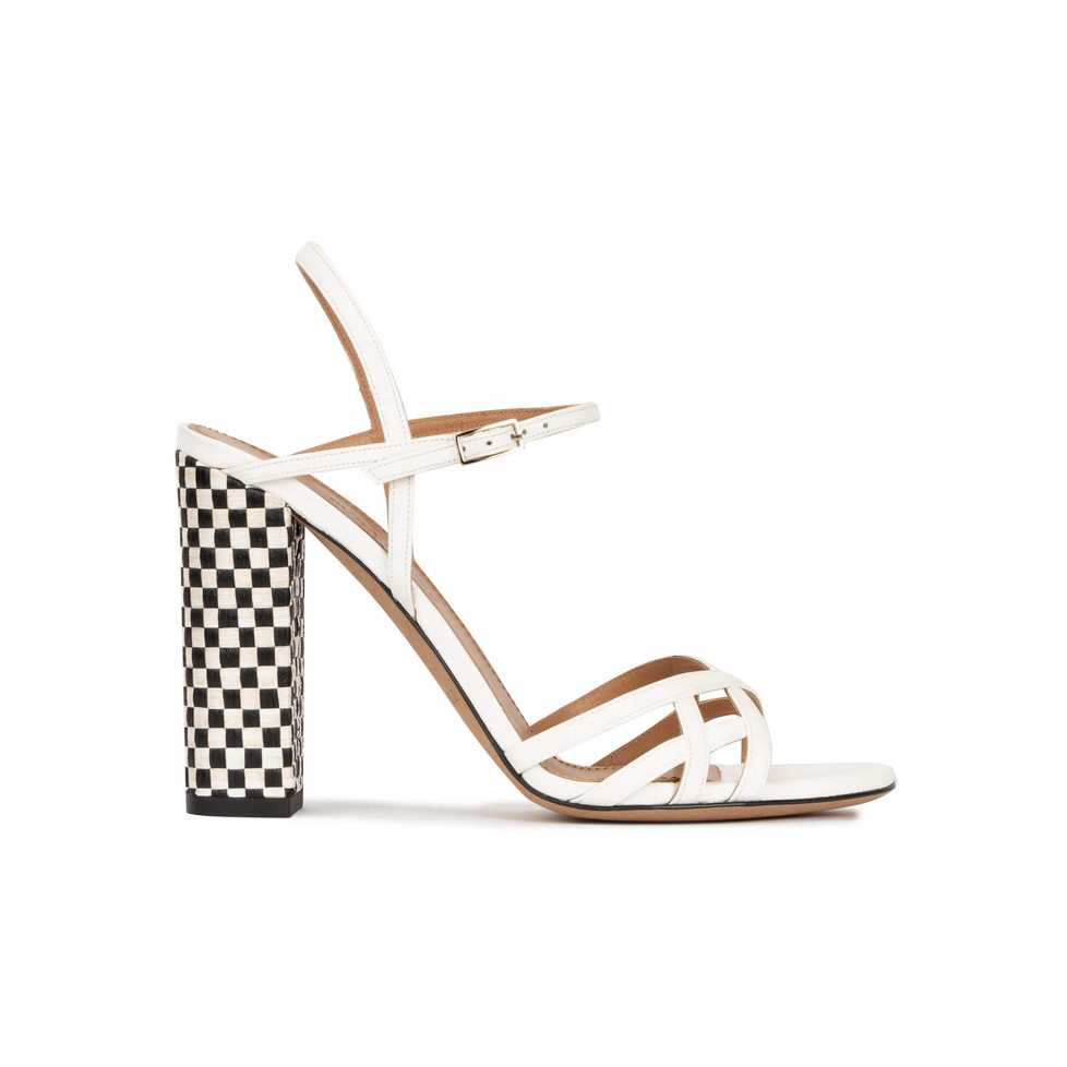 Strappy high block heel sandals in off-white leather