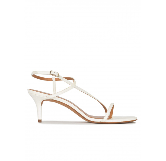 Strappy mid heeled sandals in off-white leather Pura López