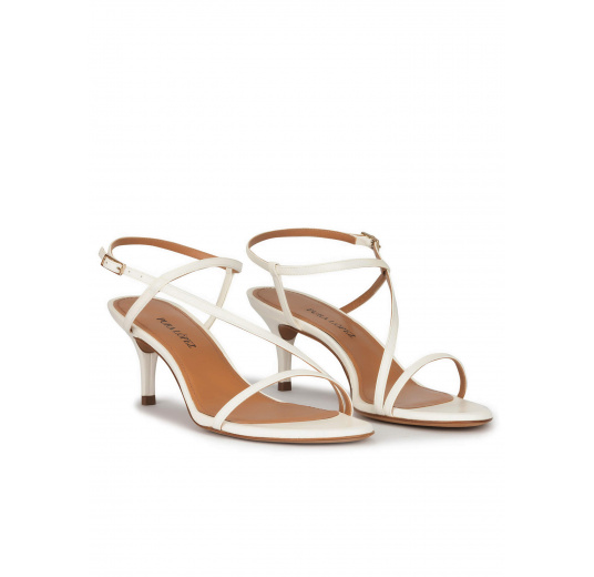 Strappy mid heeled sandals in off-white leather Pura López