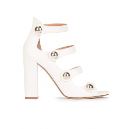 White strappy high block heel sandals in leather Pura López