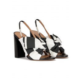 Bow detailed high block heel sandals in black and white Pura López