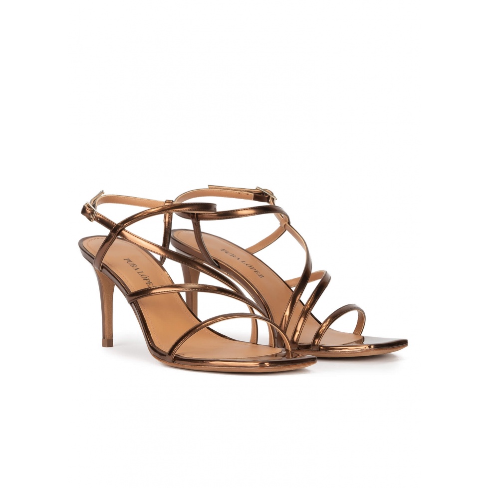 Mid heel squared-off toe sandals in bronze leather