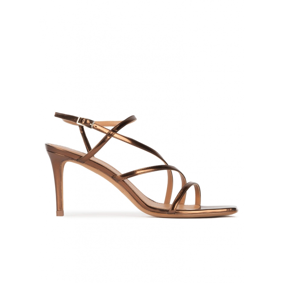 Mid heel squared-off toe sandals in bronze leather