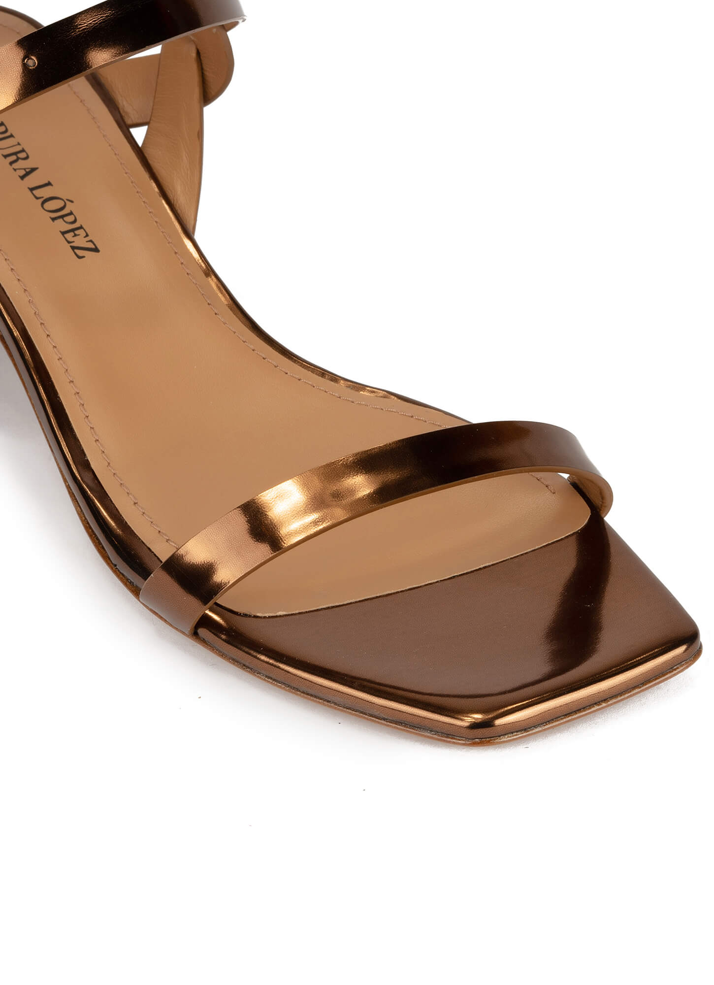 Bronze Mid Block Heel Sandals In Metallic Leather Pura Lopez