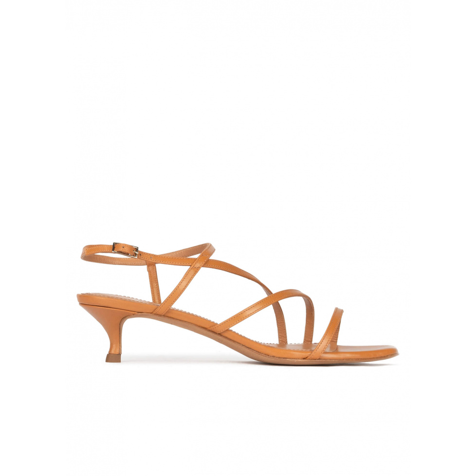 Strappy mid heel sandals in camel leather