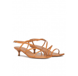 Strappy mid heel sandals in camel leather Pura López