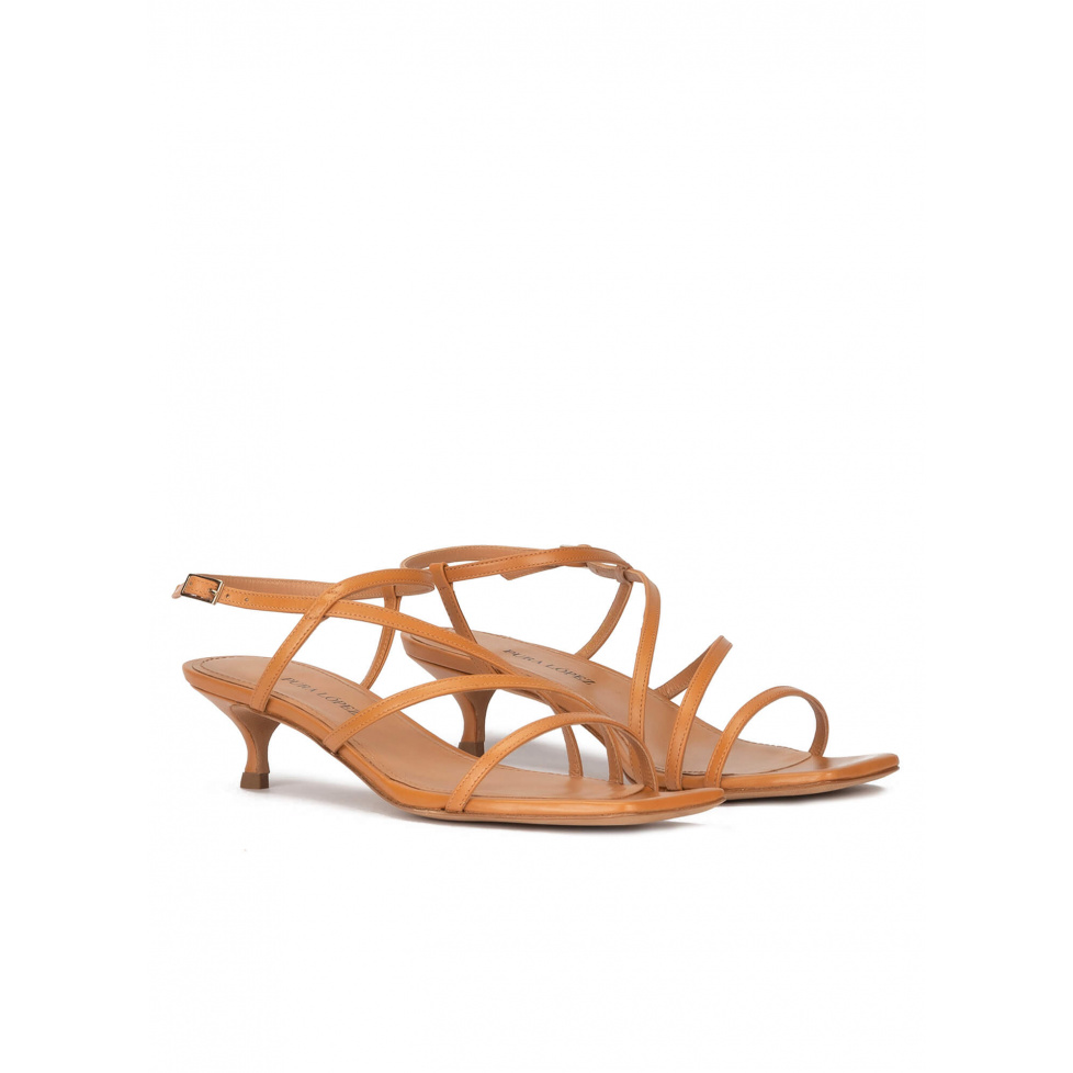 Strappy mid heel sandals in camel leather