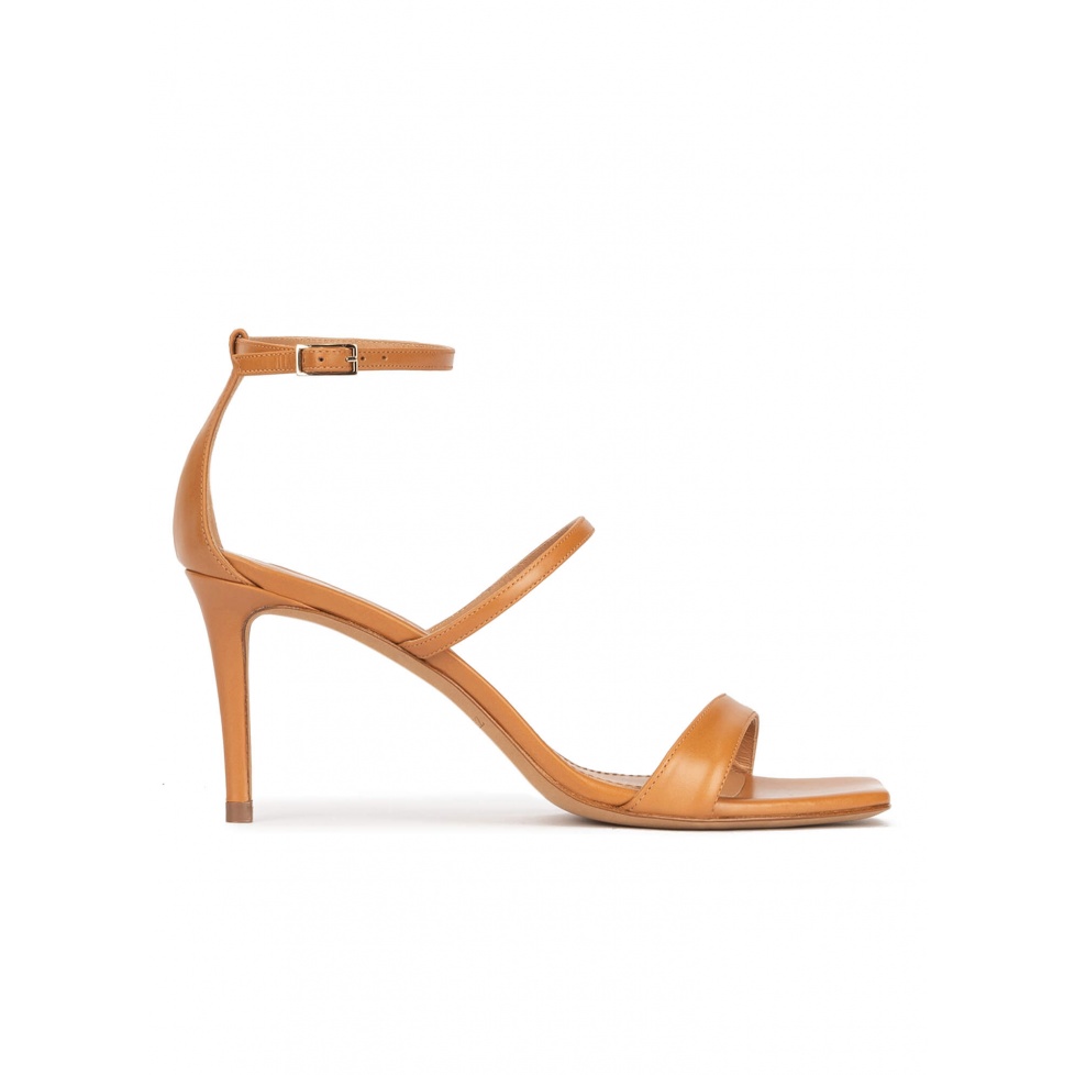 Camel leather ankle strap mid heel sandals