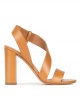 Strappy high block heel sandals in camel leather