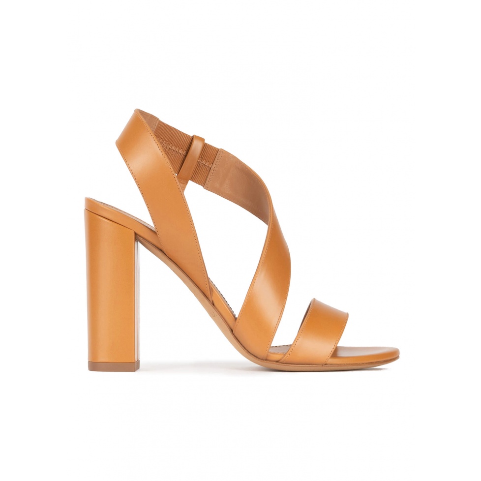 Strappy high block heel sandals in camel leather