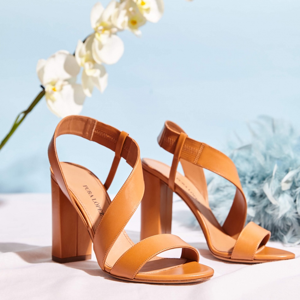 Strappy high block heel sandals in camel leather