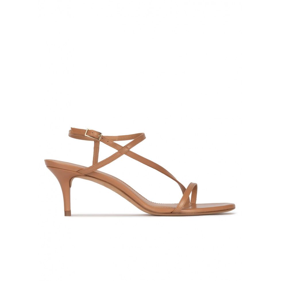 Strappy mid-heeled sandals in camel leather