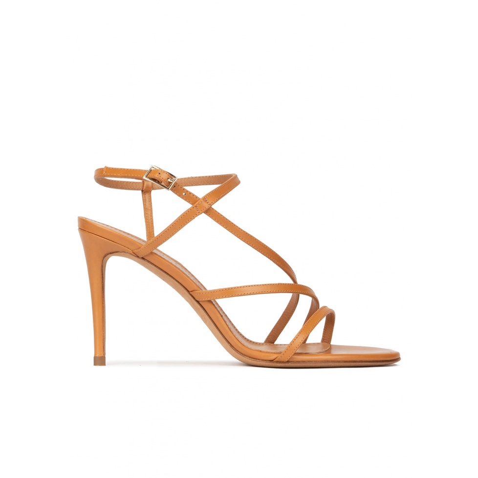 Strappy high-heeled sandals in camel leather