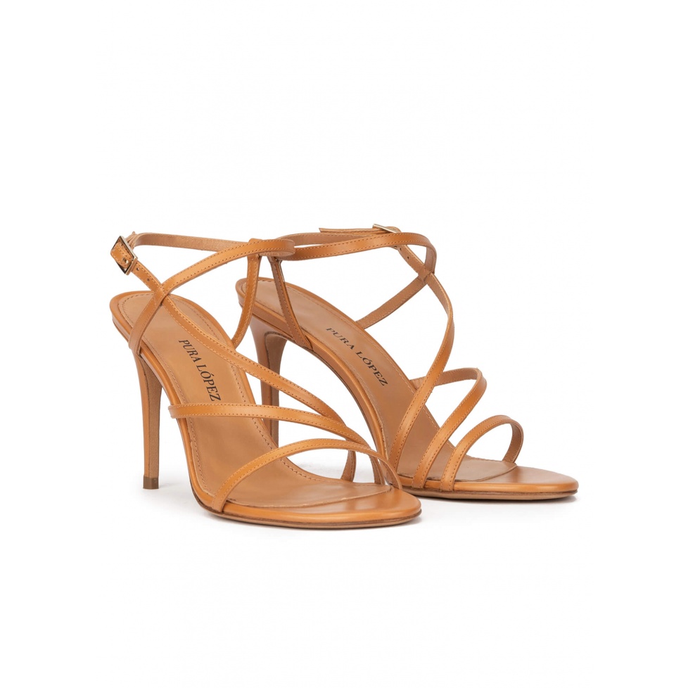 Strappy high-heeled sandals in camel leather