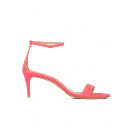Ankle strap mid-heeled sandals in coral pink suede Pura López