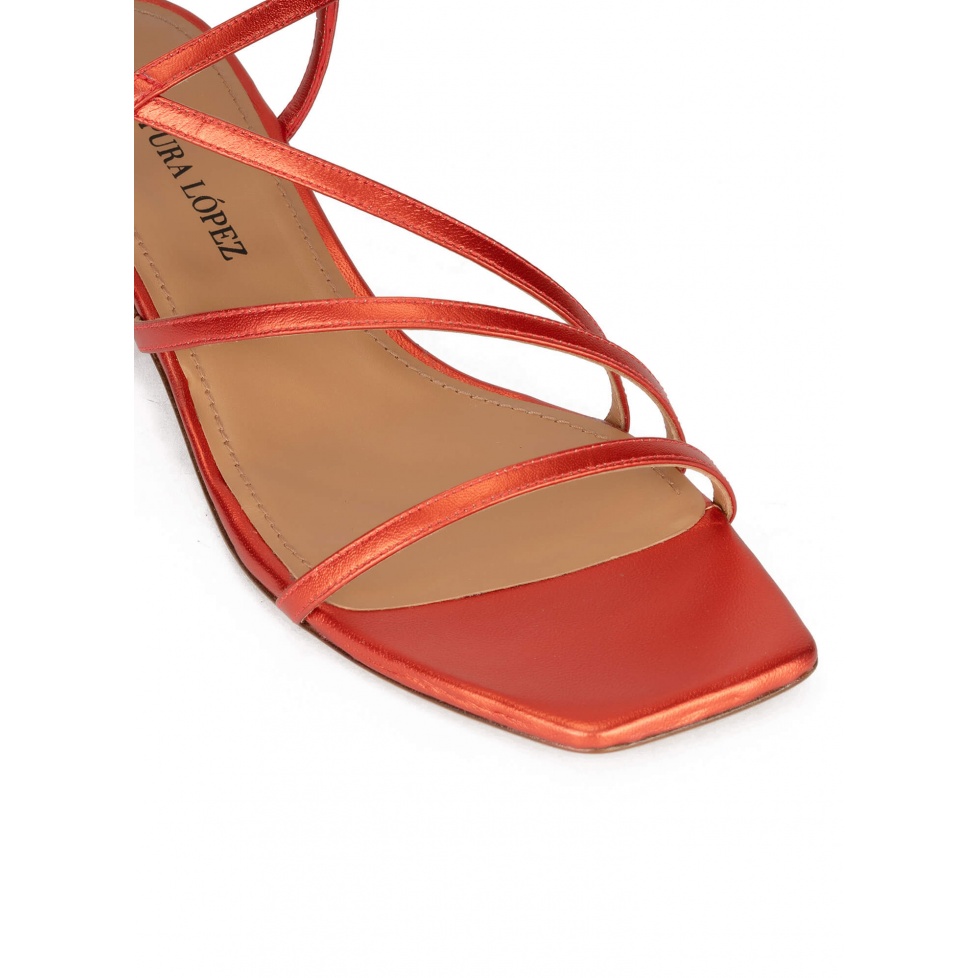 Coral strappy mid heel sandals in metallic leather