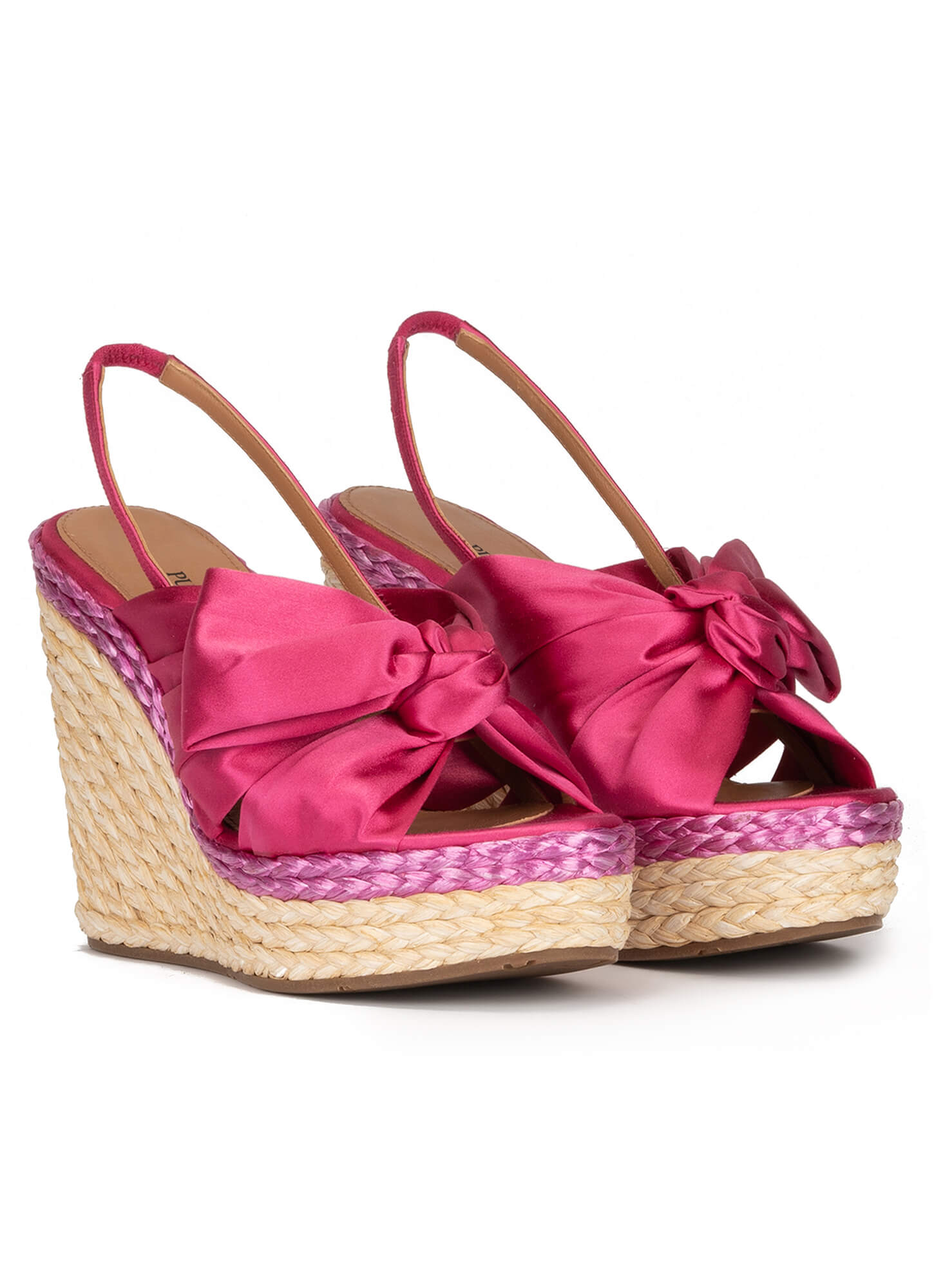 Sandalias cuña en raso fucsia con lazo PURA