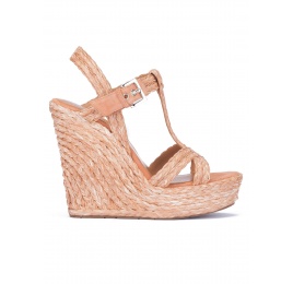Wedge sandals in old rose raffia Pura López