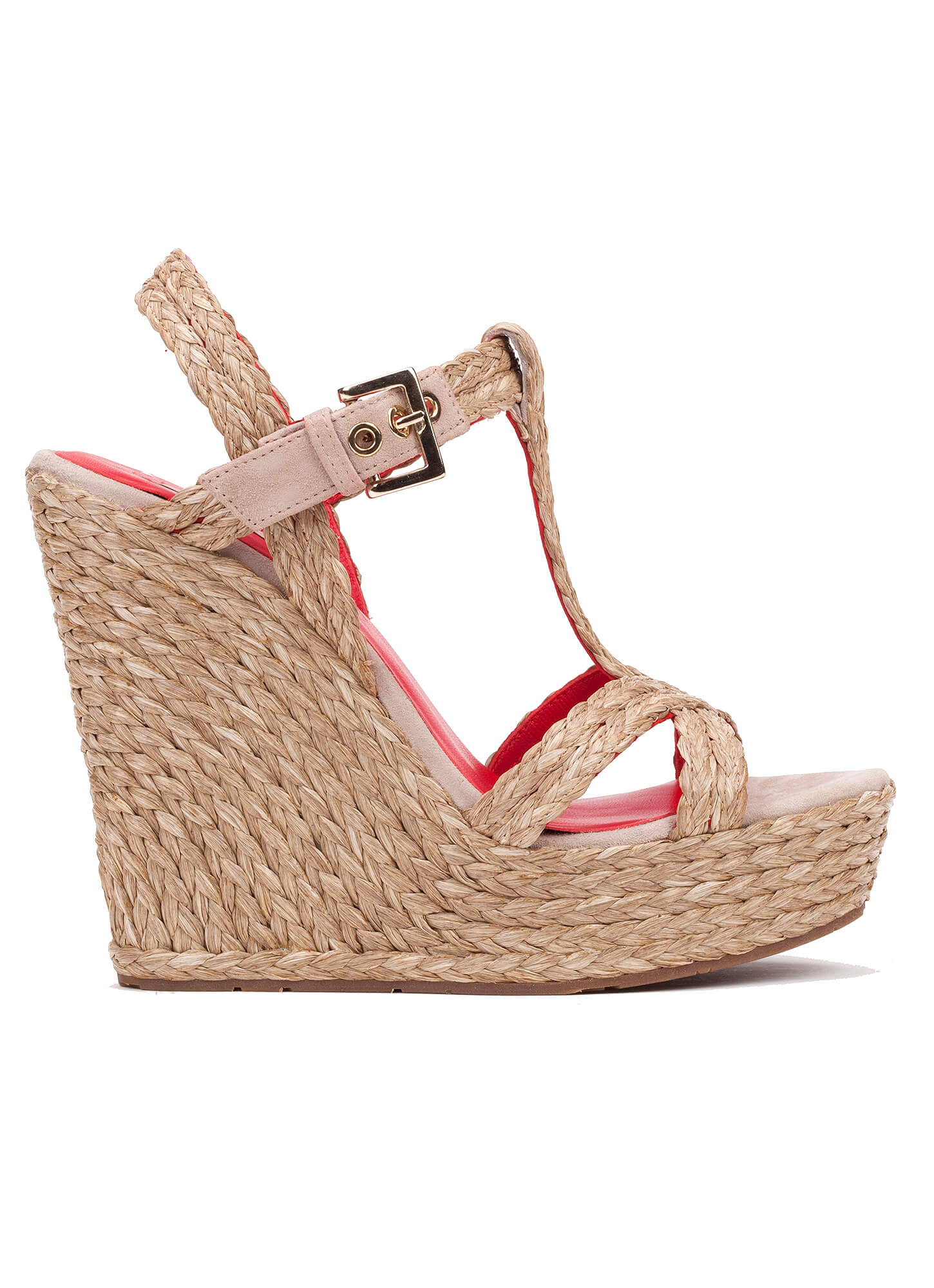 Sandalias Pura López de cuña alta en rafia topo . PURA LOPEZ