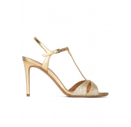 Gold high heel sandals in glitter and metallic leather Pura López