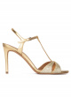 Gold high heel sandals in glitter and metallic leather