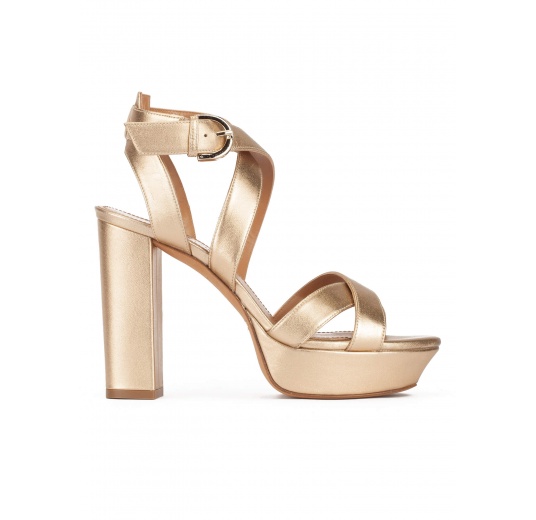 Golden strappy platform high block heel sandals in nappa leather Pura López