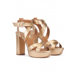 Golden strappy platform high block heel sandals in nappa leather Pura López