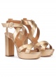 Golden strappy platform high block heel sandals in leather