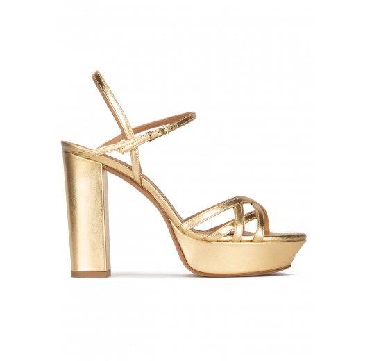 Multi-strap platform high block heel sandals in gold leather Pura López