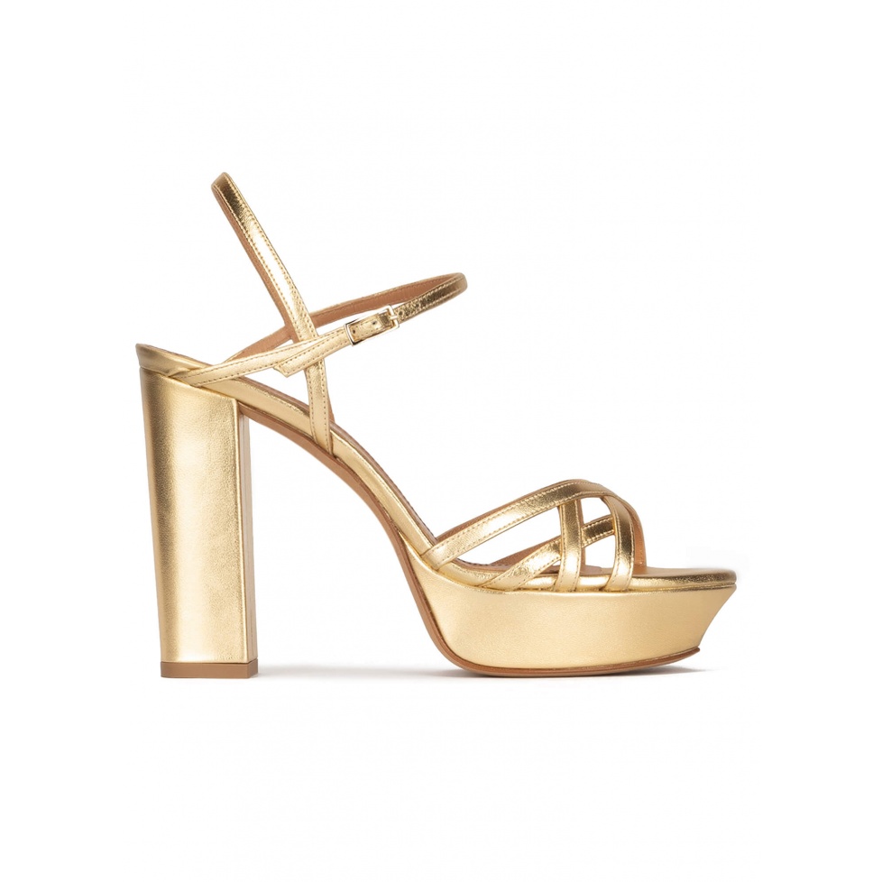 Multi-strap platform high block heel sandals in gold leather