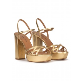 Multi-strap platform high block heel sandals in gold leather Pura López