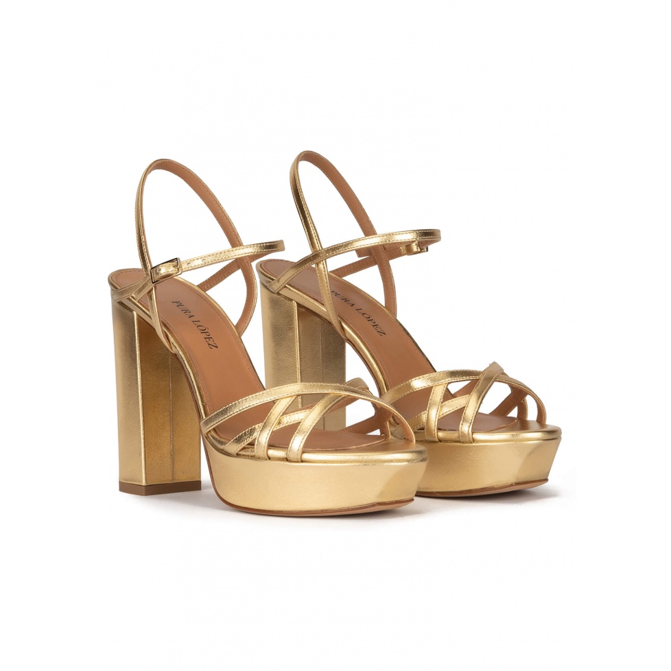 Multi-strap platform high block heel sandals in gold