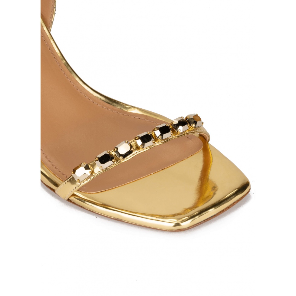 Crystal-embellished mid heel sandals in gold leather