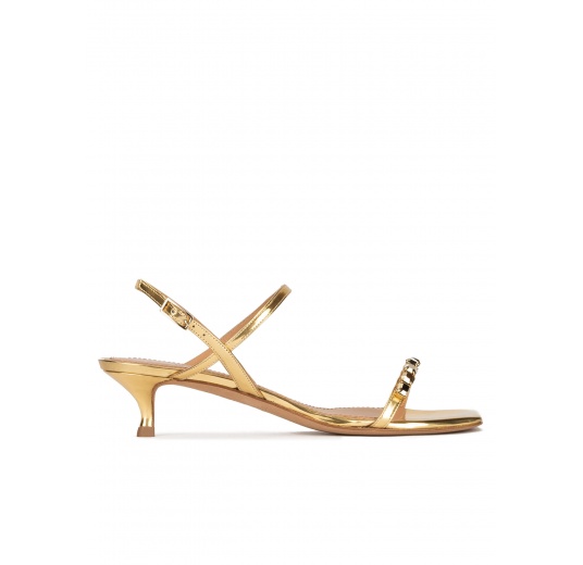 Crystal-embellished mid heel sandals in gold metallic leather Pura López