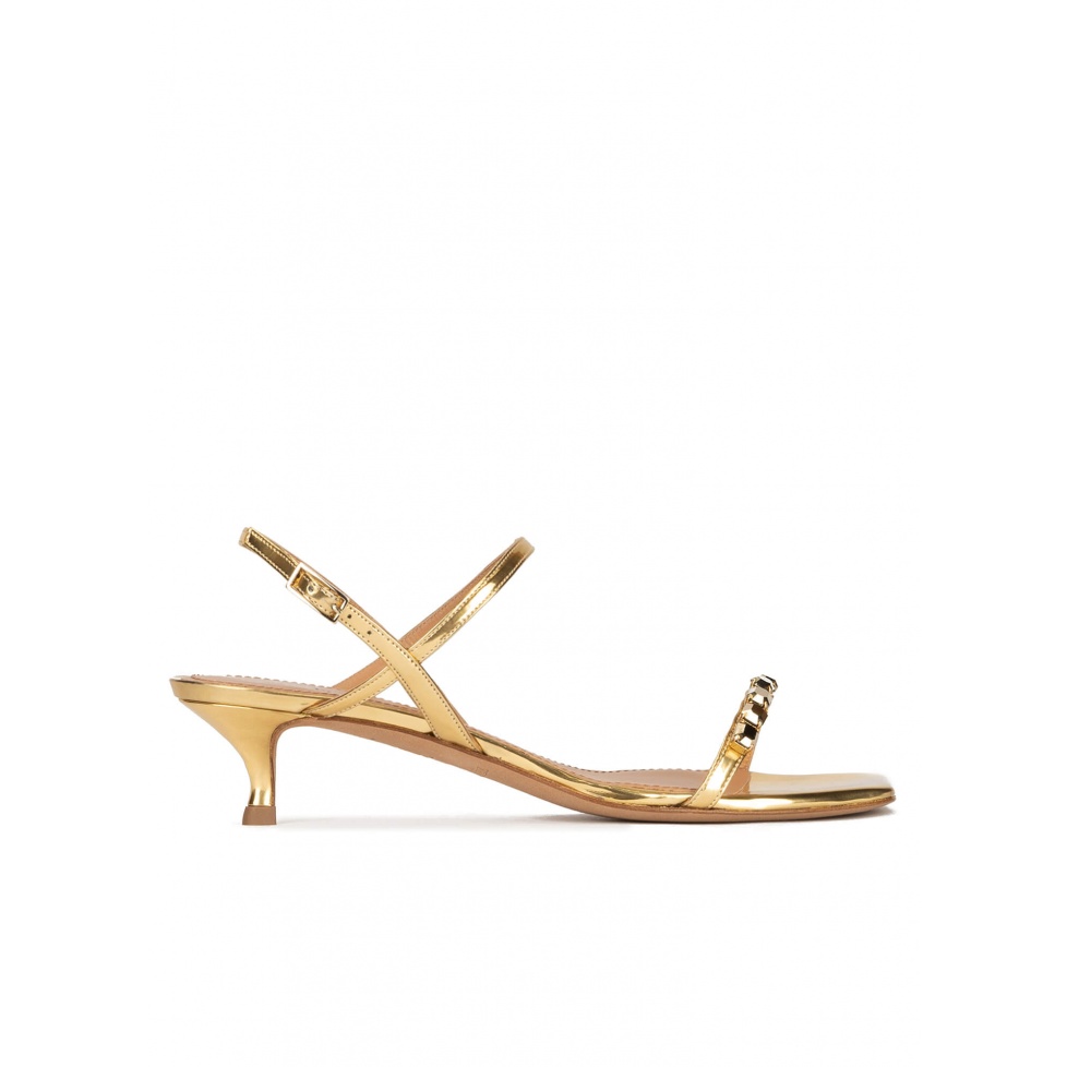 Crystal-embellished mid heel sandals in gold metallic leather