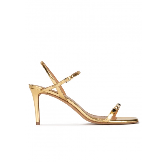 Crystal-embellished mid heel sandals in gold leather Pura López