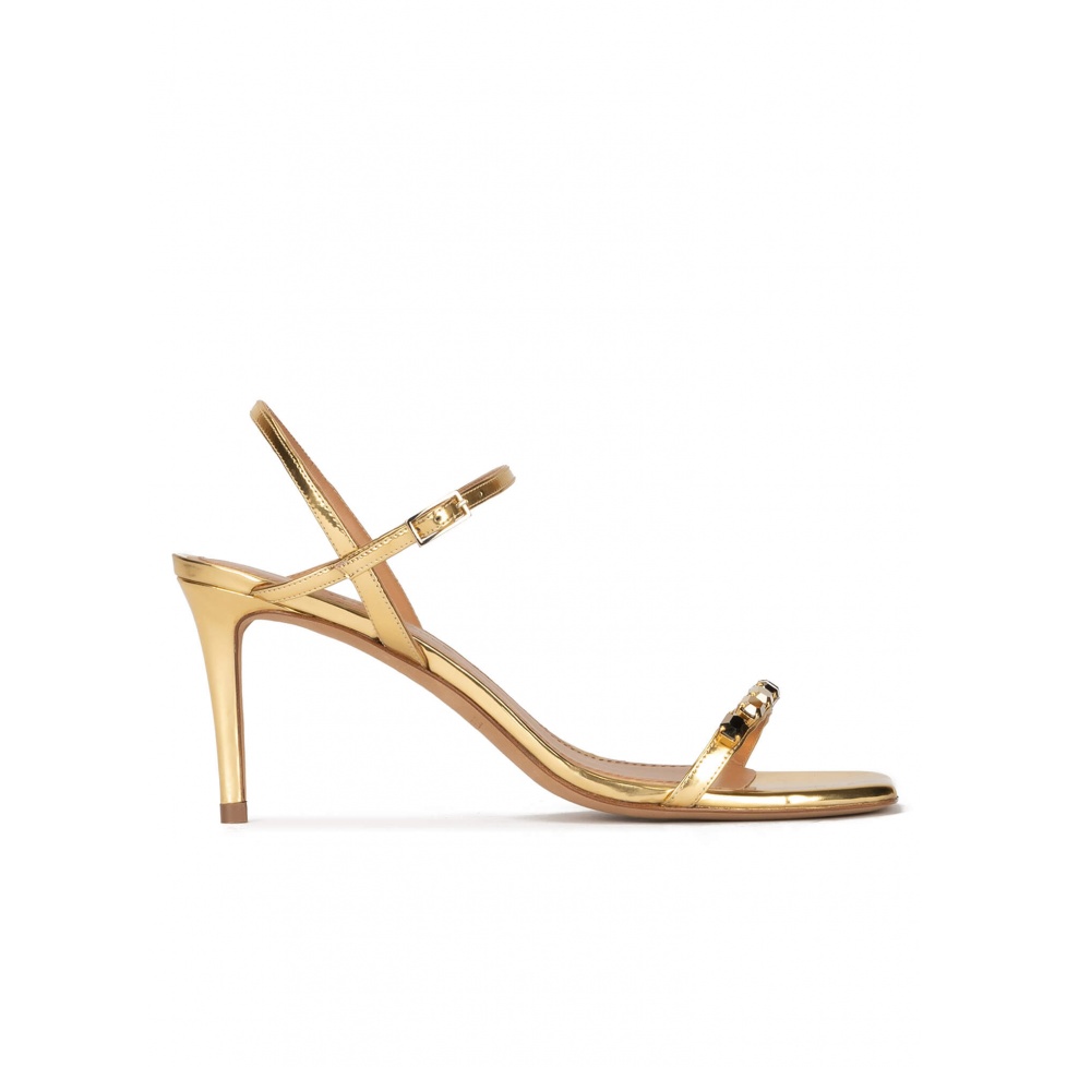 Crystal-embellished mid heel sandals in gold leather