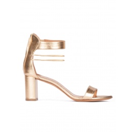 Gold leather mid block heel sandals with ankle strap Pura López