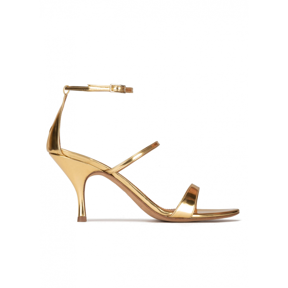 Ankle-strap mid heel sandals in mirrored gold leather