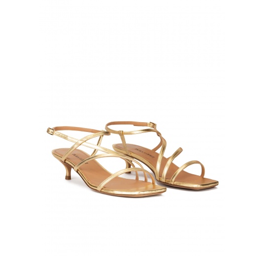 Gold leather strappy mid heel sandals Pura López