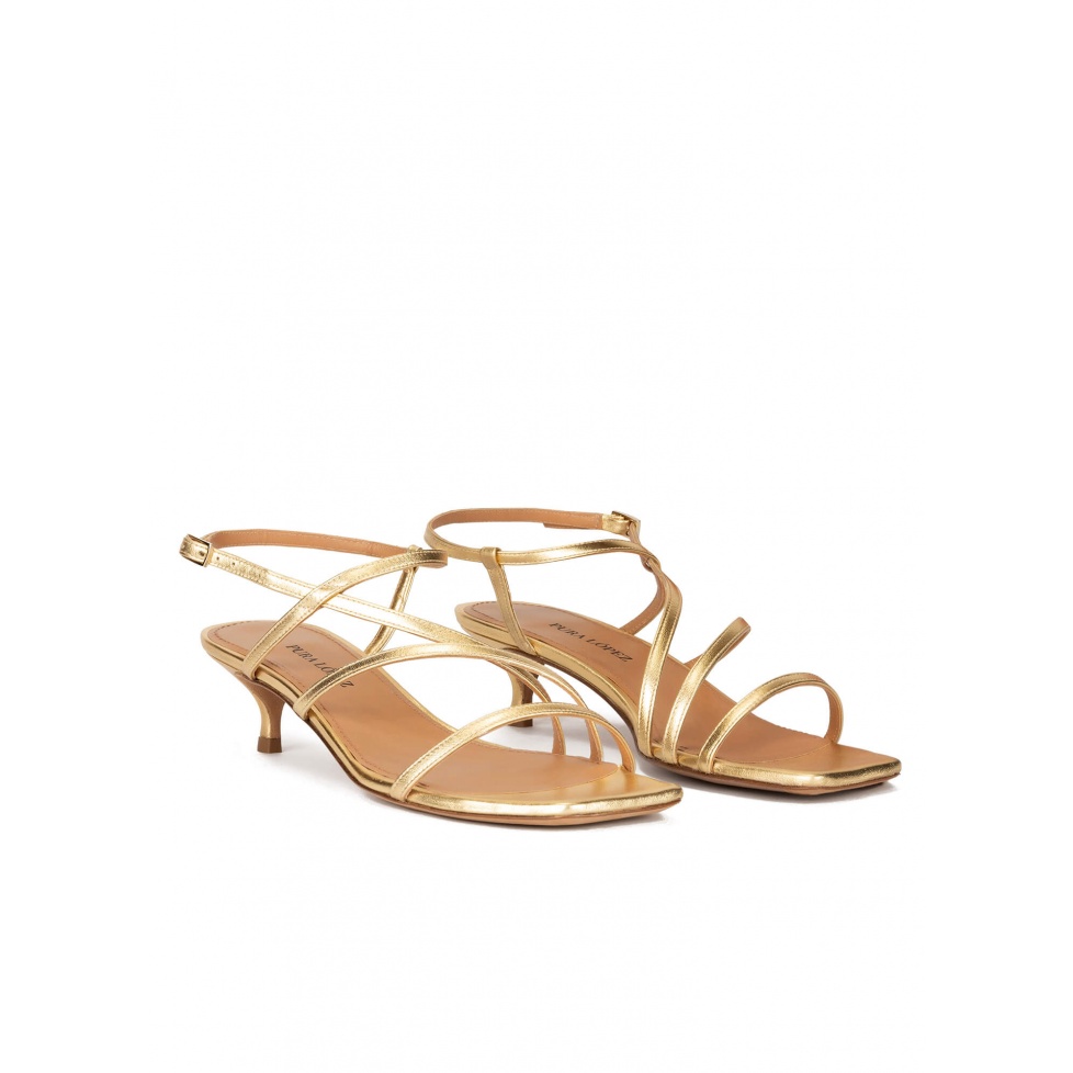 Gold leather strappy mid heel sandals