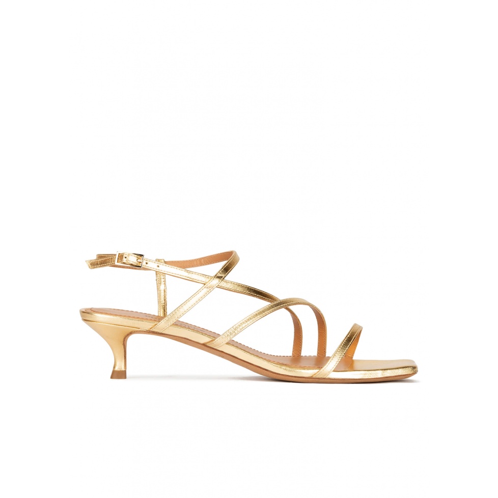 Gold leather strappy mid heel sandals