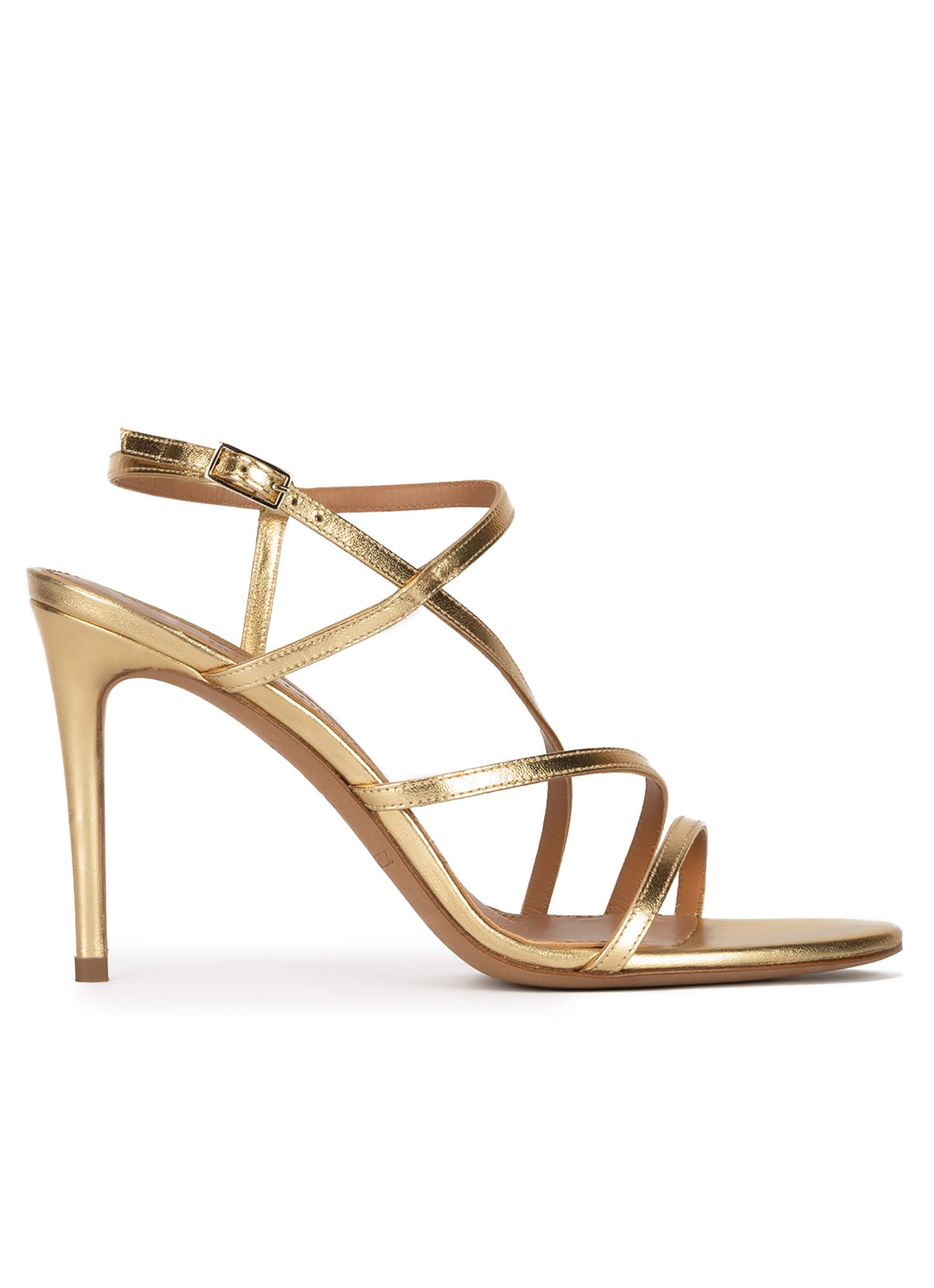 Strappy high heel sandals in gold leather . PURA LOPEZ