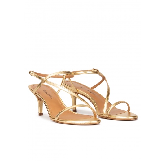 Strappy mid stiletto heel sandals in gold leather Pura López