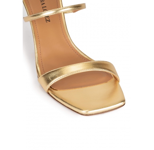 Ankle strap mid heel sandals in gold leather Pura López