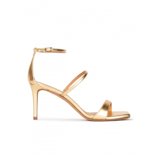 Ankle strap mid heel sandals in gold leather Pura López